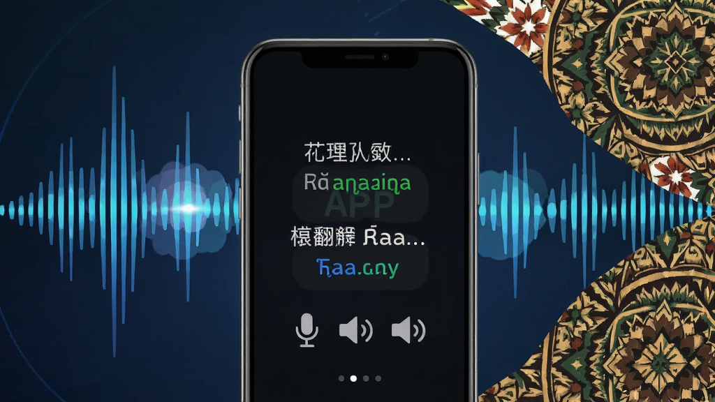 一张展示马来语APP语音翻译功能的图片,画面中一部手机正在显示语音翻译界面,中文和马来语文本对照排列,旁边有麦克风和喇叭图标,背景是抽象的声波图案和马来西亚传统纹饰,风格现代科技感,画质清晰干净,无多余元素