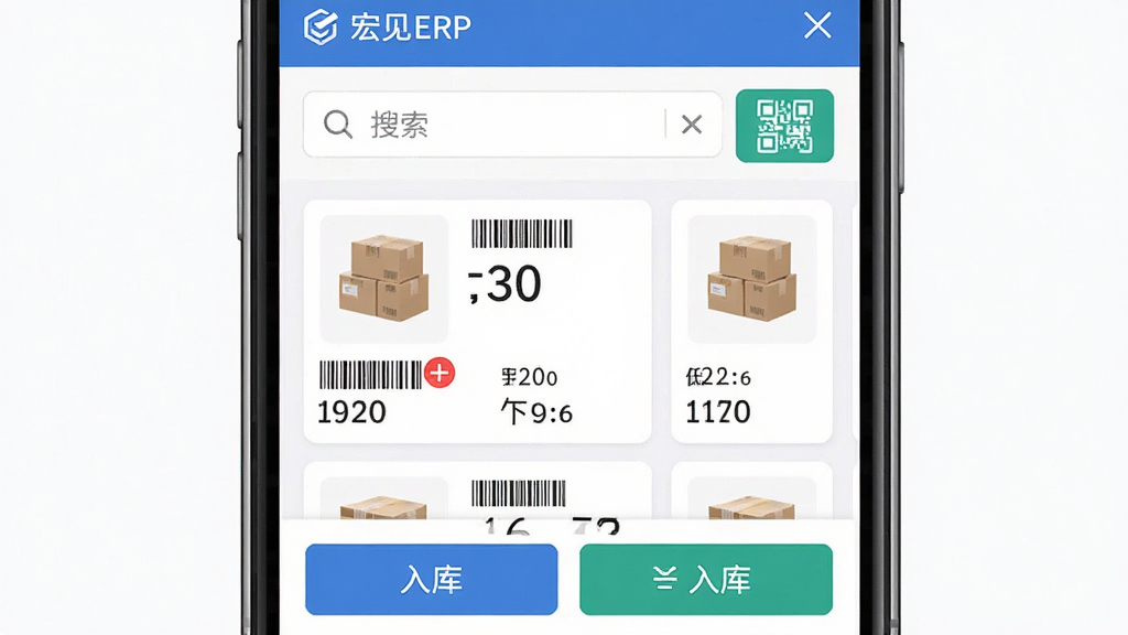 宏见ERP进销存管理界面,主体为手机屏幕展示商品列表与库存数字,布局采用上下结构,上方是搜索框与扫码按钮,中部为商品卡片列表,下方是入库出库操作按钮,风格现代扁平化,细节包含条形码、数量标签、低库存红色提示,画质清晰,画面干净,无多余元素