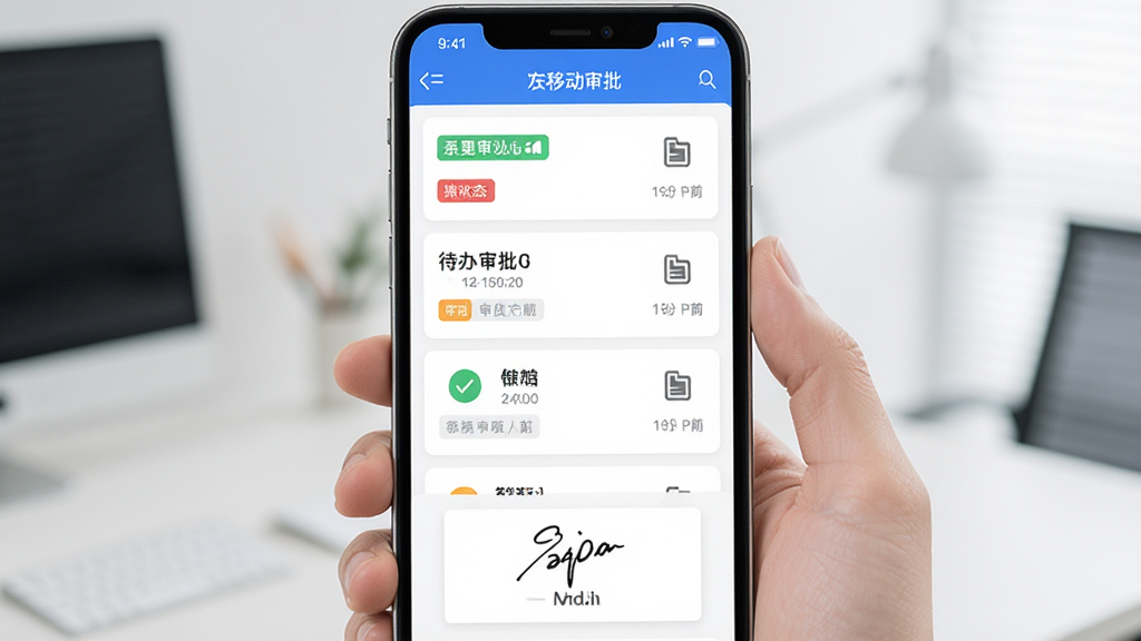 宏见ERP移动审批流程界面,主体为手机显示待办审批列表与签名区域,布局为卡片式上下排列,风格清爽简洁,细节包含审批状态标签、时间戳、手写笔迹、附件图标,画质清晰,画面干净,无多余元素