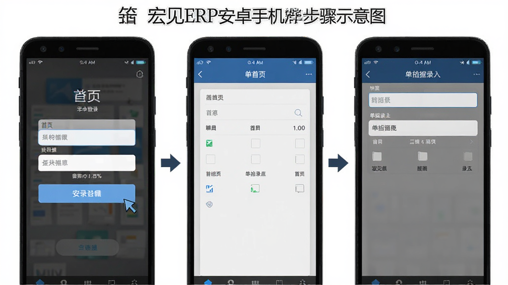 宏见ERP安卓手机操作步骤示意图,主体为三部手机并排展示登录、首页、单据录入三个界面,布局横向排列,风格扁平清爽,细节包含箭头引导、按钮高亮、输入框,画质清晰,画面干净,无多余元素