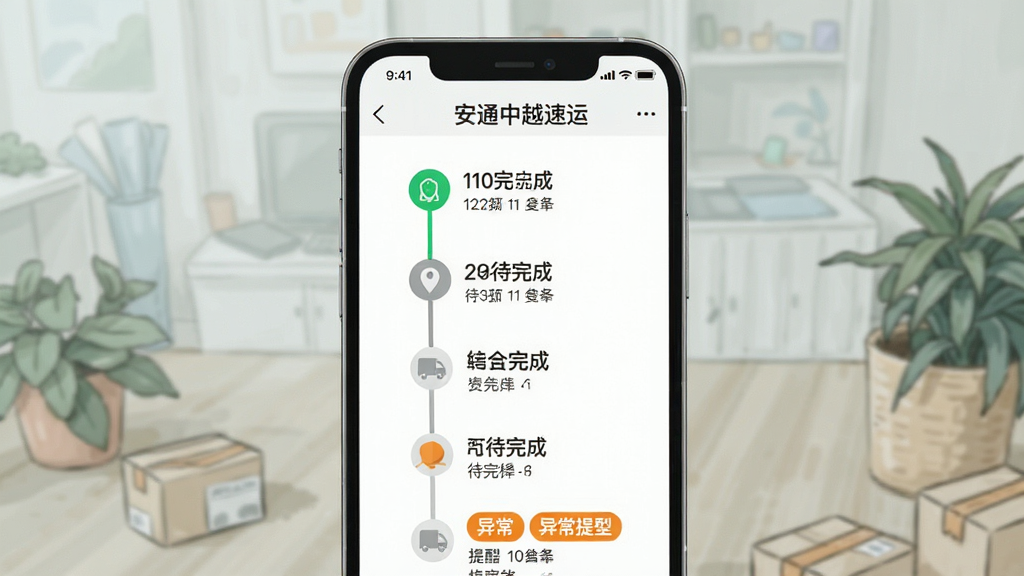 一张安通中越速运物流轨迹页面截图风格插画,主体为手机屏幕显示时间轴式物流节点,布局上时间轴从上到下排列,每个节点配有图标与文字说明,风格为清新浅色商务风,细节包含绿色已完成节点、灰色待完成节点、橙色异常提醒标签,画质高清,干净无多余元素