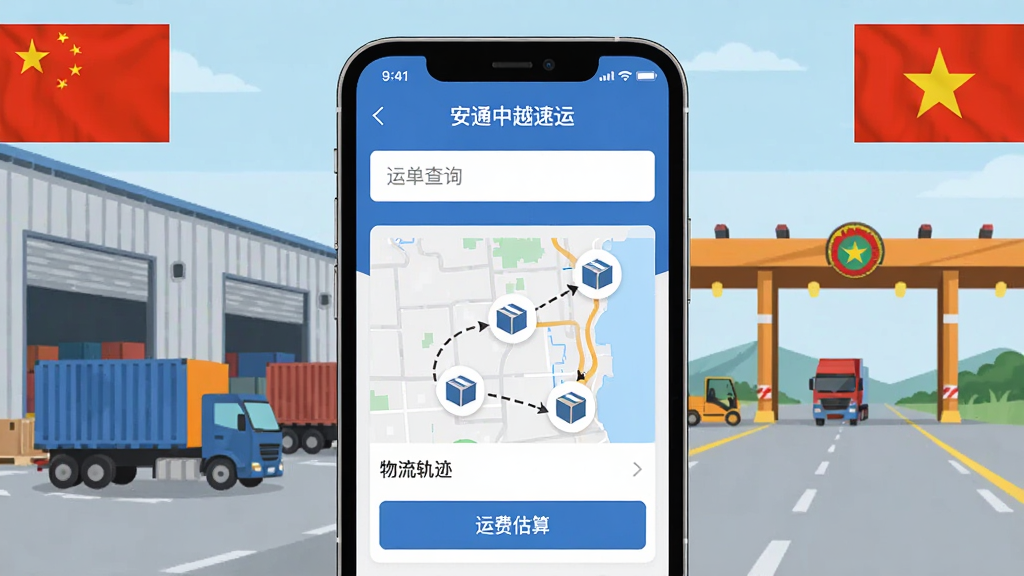 一张手机屏幕展示安通中越速运应用主界面,界面包含运单查询输入框、物流轨迹地图、运费估算按钮,背景为现代物流仓库与中越边境口岸场景,布局上手机居中、左右两侧分别点缀中国与越南国旗元素,风格为扁平化科技商务风,细节上包含货车、包裹、路线虚线等图标,画质高清,干净无多余元素