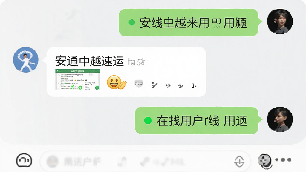 一张安通中越速运客服聊天界面示意图,主体为手机屏幕上的对话气泡,布局上左侧为客服回复、右侧为用户提问,风格为清爽浅色社交风,细节包含运单截图缩略图、表情图标、在线状态绿点,画质高清,干净无多余元素