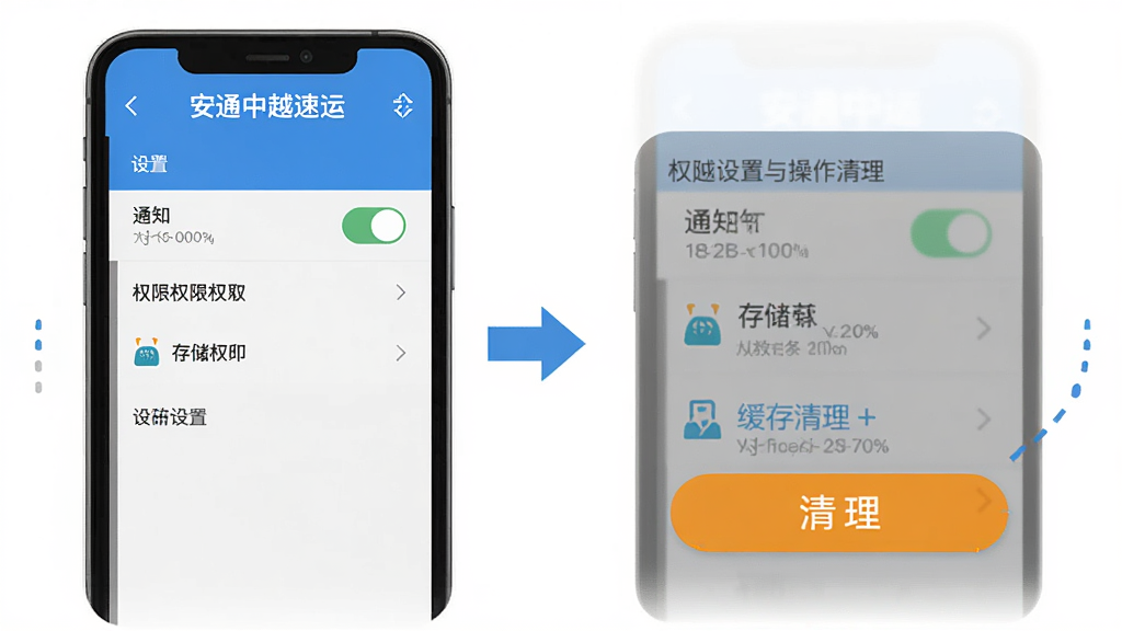 一张安通中越速运移动端操作指引图,主体为手机屏幕展示权限设置与缓存清理步骤,布局上左侧为设置菜单、右侧为操作箭头指示,风格为扁平化教程风,细节包含通知开关、存储权限图标、清理按钮高亮,画质高清,干净无多余元素