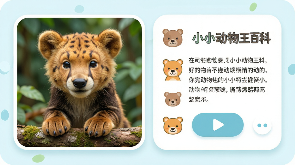 小小动物王百科页面展示,左侧为高清动物图片,右侧为文字介绍与播放按钮,界面排版简洁清晰,风格为清新儿童教育风,细节包含可爱的动物图标与圆角卡片,画质明亮,干净,无多余元素