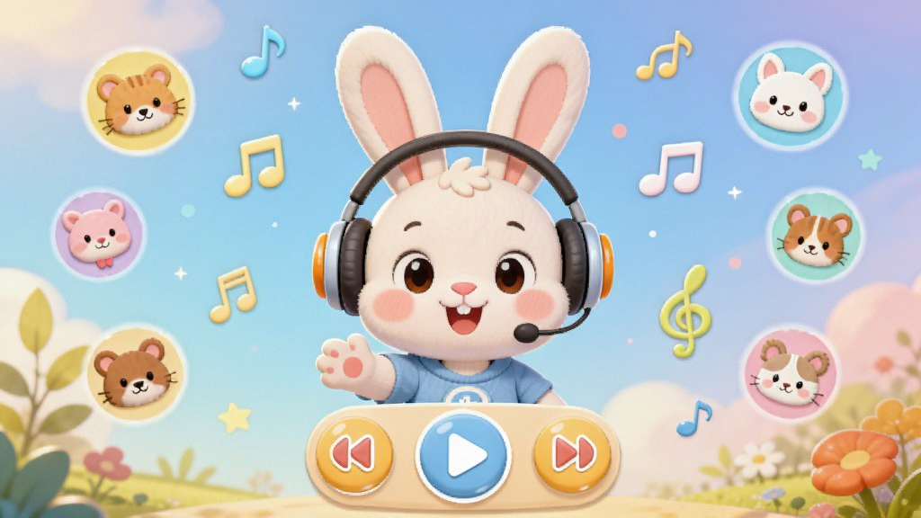 小小动物王语音伴读场景,画面中央为一只戴着耳机的卡通兔子,周围漂浮着音符与动物小图标,布局为居中对称式,风格为温馨儿童插画,细节包含柔和的背景渐变与圆润的播放控件,画质柔和,干净,无多余元素