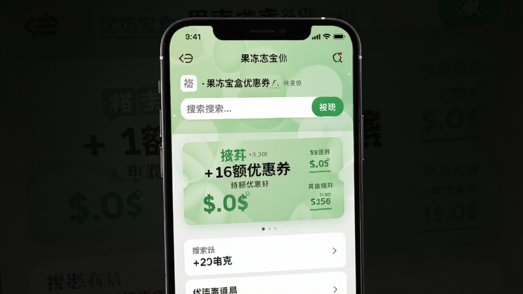果冻宝盒优惠券搜索界面,手机屏幕显示粘贴链接后的优惠券搜索结果,大额优惠券醒目展示,背景是浅绿色渐变,风格简约,细节清晰,画质高清,干净,无多余元素