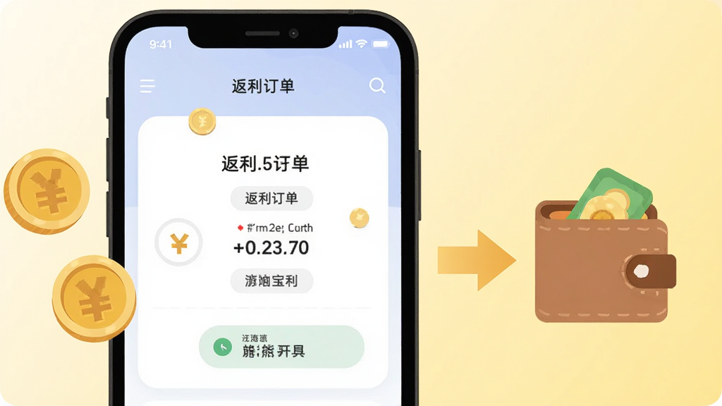 果冻宝盒购物返利功能展示,画面中一部手机显示返利订单页面,旁边有金币和箭头指向钱包图标,背景是淡黄色渐变,风格扁平化,细节清晰,画质高清,干净,无多余元素