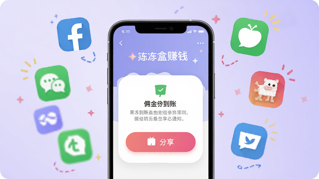 果冻宝盒分享赚钱功能示意图,手机界面显示分享按钮和佣金到账通知,周围有社交软件图标环绕,背景是浅紫色渐变,风格活泼,细节清晰,画质高清,干净,无多余元素