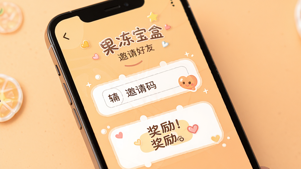 果冻宝盒邀请好友页面,手机屏幕显示邀请码输入框和奖励说明,背景是浅橙色渐变,风格温馨,细节清晰,画质高清,干净,无多余元素