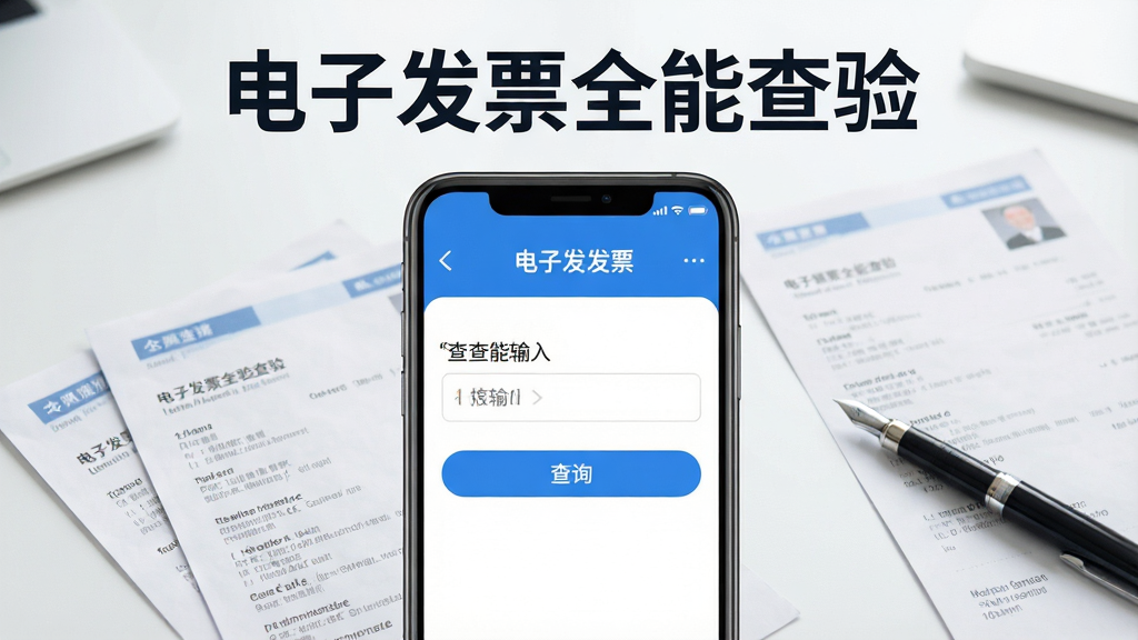 一张展示电子发票全能查验软件主界面的手机应用截图,画面中央是一部智能手机,屏幕上显示着发票查验输入框和查询按钮,背景是简洁的办公桌面,桌面上散落着几张纸质发票和一支笔,整体风格为清爽商务风,色调以蓝白为主,光线明亮柔和,画质清晰干净,无多余元素,画面中手机屏幕上方有文字