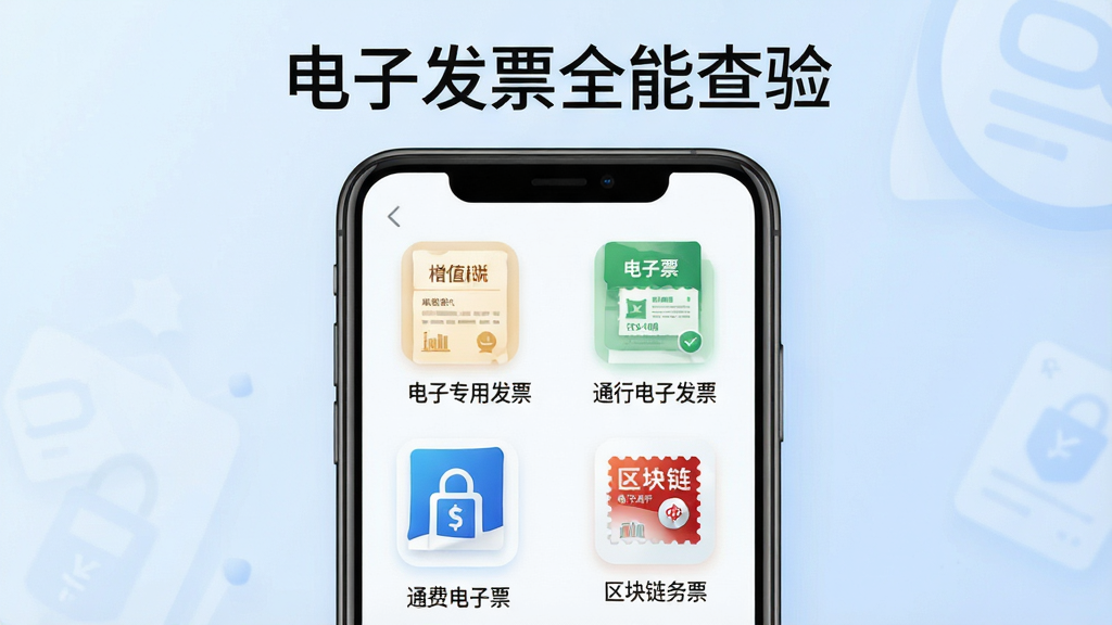一张展示电子发票全能查验多票种核验功能的界面插图,画面中央是一个手机屏幕,屏幕上并列显示多种发票类型的图标,包括增值税电子普通发票、电子专用发票、通行费电子发票和区块链电子发票,每个图标下方有简短的文字标注,背景为浅蓝色渐变,整体风格简洁现代,画质清晰,干净无多余元素,屏幕顶部有文字