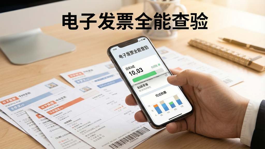 一张展示电子发票全能查验批量处理功能的场景图,画面中一只手拿着手机正在扫描桌面上排列的多张发票,手机屏幕上显示着批量查验进度条和已完成的数量统计,背景是整洁的办公桌,整体风格为商务写实风,色调温暖明亮,画质清晰,干净无多余元素,手机屏幕上方有文字