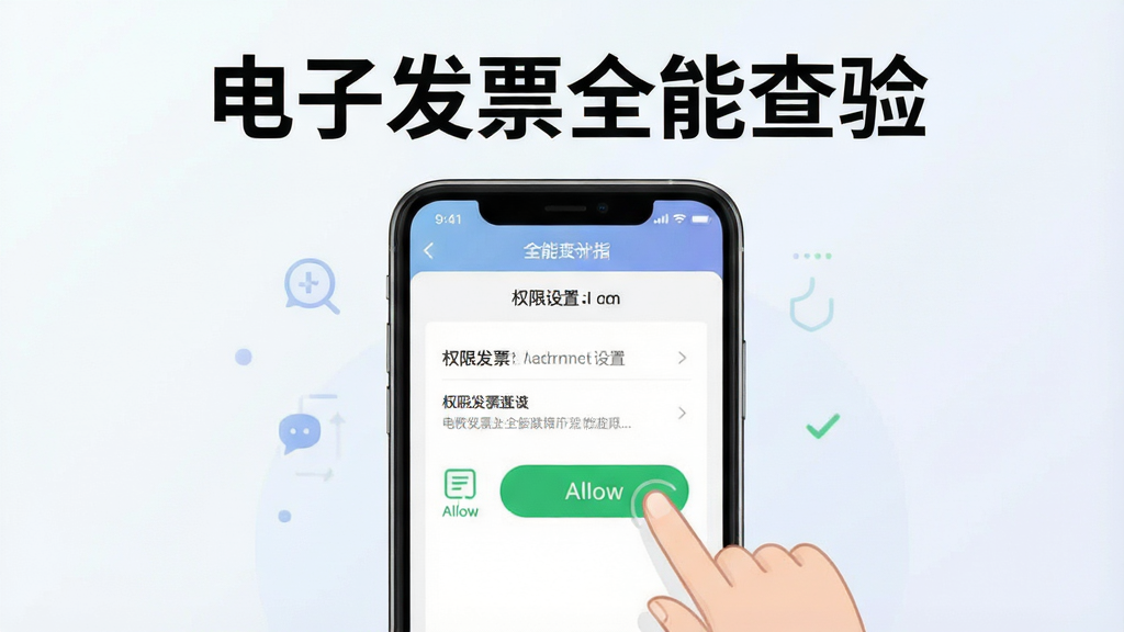 一张展示电子发票全能查验新手操作指引的插图,画面中一部手机屏幕上显示着权限设置页面,旁边有手指点击允许按钮的动作示意,背景为浅色渐变,整体风格清新简洁,画质清晰,干净无多余元素,屏幕上方有文字