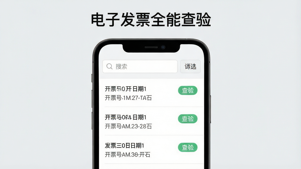 一张展示电子发票全能查验记录管理功能的界面截图,画面中一部手机屏幕上显示着查验历史记录列表,每条记录包含发票号码、开票日期和查验状态标签,列表顶部有搜索框和筛选按钮,背景为浅灰色,整体风格素雅极简,画质清晰,干净无多余元素,屏幕上方有文字