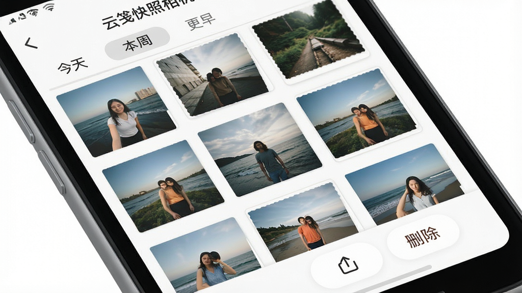 һ��չʾ�Ƽ�������ͼ����������ʾ��ͼ���ֻ���Ļ��ʾ���������е���Ƭ���񣬶����С����족�����ܡ������硱�ı�ǩ���ײ��з�����ɾ����ť������Ϊ����ɫ�����Ϊ�������壬ϸ�ڰ�����Ƭ����ͼ�������Ⱥͽ���Ԫ�ص����ף����ʸɾ����޶���Ԫ��