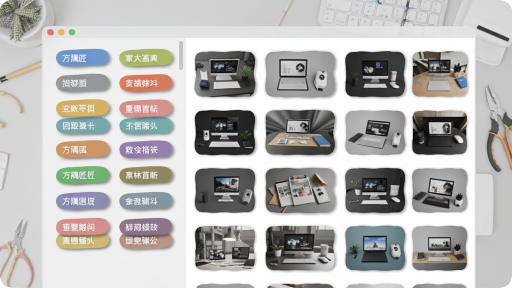 画面展示方隅匠软件内部的素材分类界面,多个彩色标签整齐排列在屏幕左侧,右侧为对应素材缩略图网格,背景为淡灰色工作台面,布局采用左右分栏式,风格为简约扁平化,细节包含标签阴影与缩略图圆角,画质清晰,干净,无多余元素。