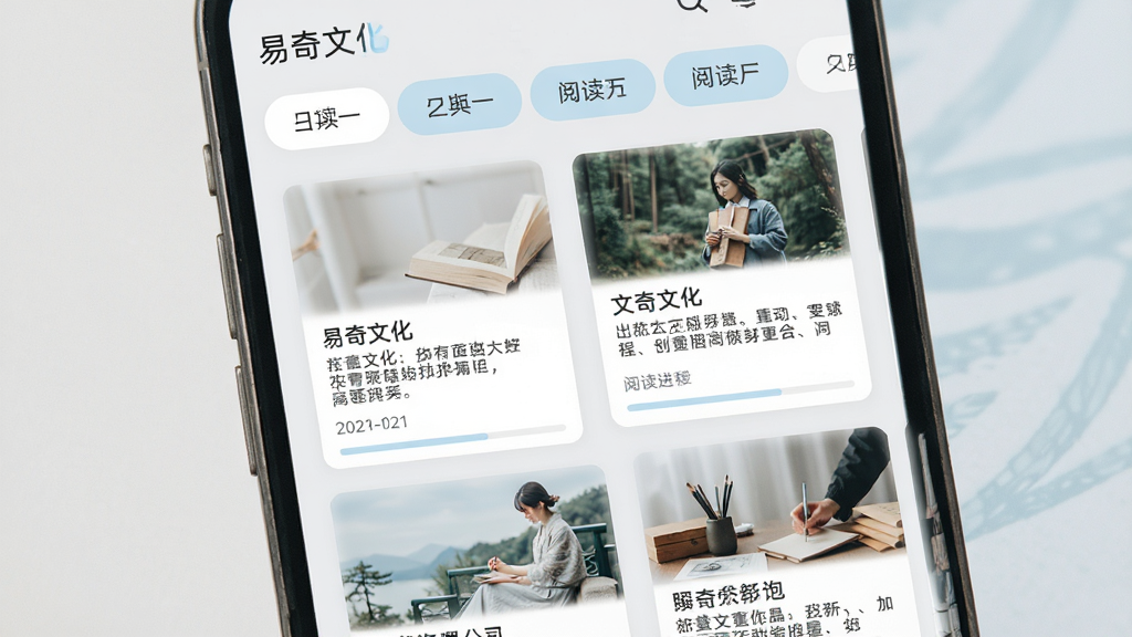 一幅易奇文化应用内文化资讯浏览页面,画面展示手机屏幕中排列着多张图文卡片,每张卡片包含标题与简介文字,顶部有分类标签栏,整体配色为浅灰与淡蓝搭配,风格清新素雅,细节包含日期标注与阅读进度条,画质干净,无多余装饰