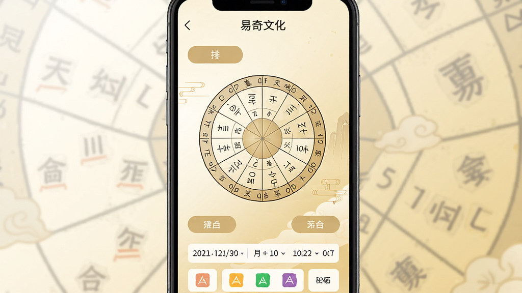 一张手机屏幕展示易奇文化应用主界面,屏幕中央显示八字排盘图表与天干地支信息,背景为淡雅的米白色与浅金色渐变,画面采用扁平化设计风格,细节包含排盘按钮、日期选择器与五行色彩标识,整体布局简洁清晰,画质干净,无多余元素