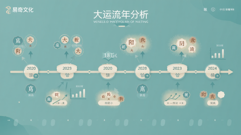 一幅易奇文化应用内大运流年分析界面示意图,画面以横向时间轴展示多个年份节点,每个节点旁标注五行属性与运势趋势箭头,配色采用柔和的青色与米色搭配,排版整齐,风格简约现代,细节包含年份文字标签与数据图表,画质清晰,无杂乱元素