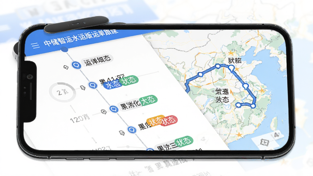 中储智运水运版运单跟踪界面,画面展示手机屏幕内运单时间轴与地图轨迹,布局上下结构,风格简洁实用,细节包含节点图标、航线路径、状态标签,画质高清,干净,无多余元素