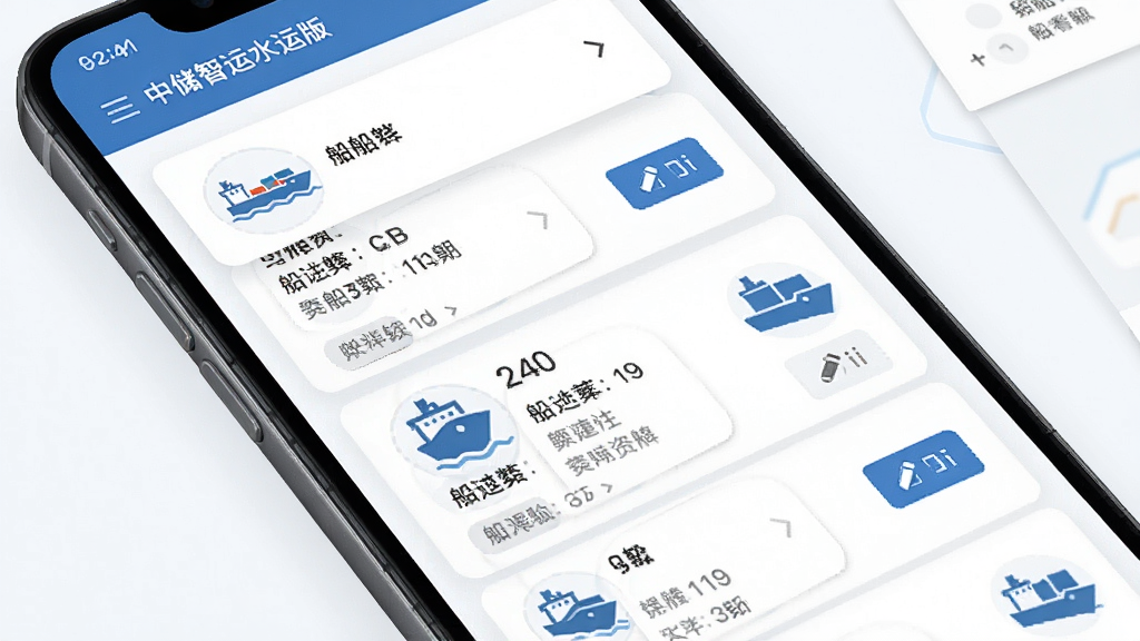 中储智运水运版船舶资料管理界面,画面展示手机屏幕内船舶档案卡片与多船切换列表,布局卡片式排列,风格清新简洁,细节包含船舶图标、资料字段、编辑按钮,画质高清,干净,无多余元素