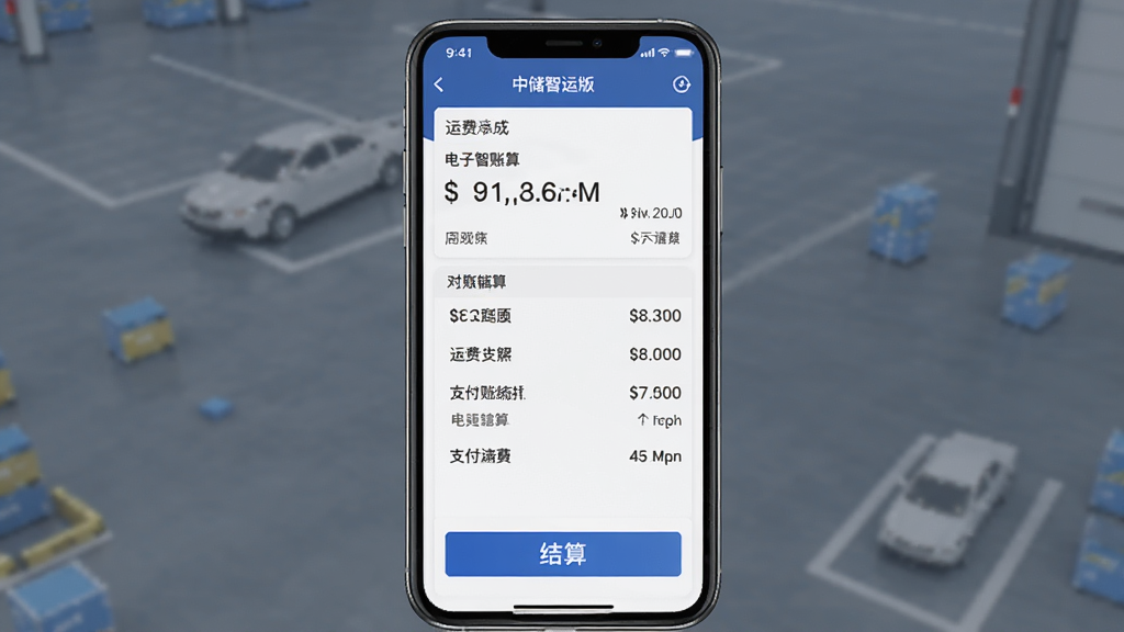 中储智运水运版运费结算页面,画面呈现手机屏幕内电子账单与结算按钮,布局居中对齐,风格金融商务风,细节包含金额数字、对账列表、支付图标,画质高清,干净,无多余元素