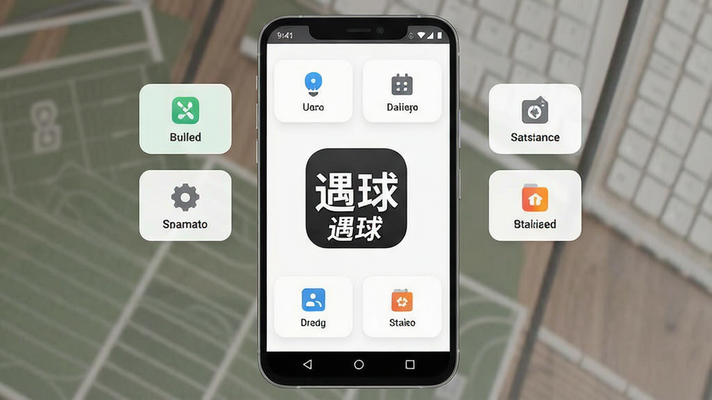 一张手机屏幕展示遇球应用主界面的场景图,画面中央是遇球APP的图标和名称「遇球」,周围环绕着简洁的功能入口按钮,主体突出,布局居中对称,排版干净利落,风格为现代扁平化UI设计,细节上体现安卓手机状态栏和导航栏,画质高清,干净,无多余元素