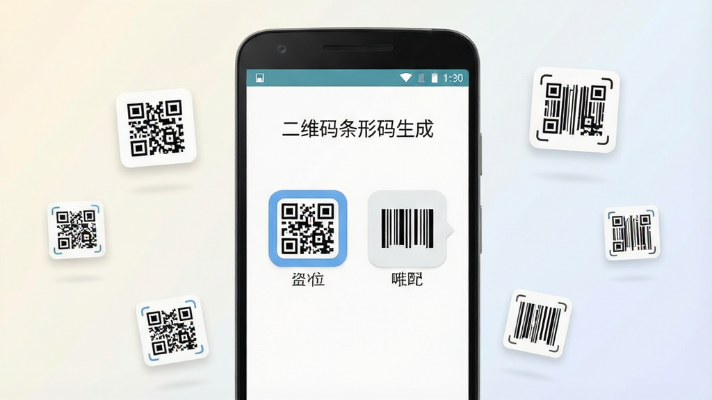 一张手机应用界面展示图,画面中央放置一部安卓手机,手机屏幕上显示