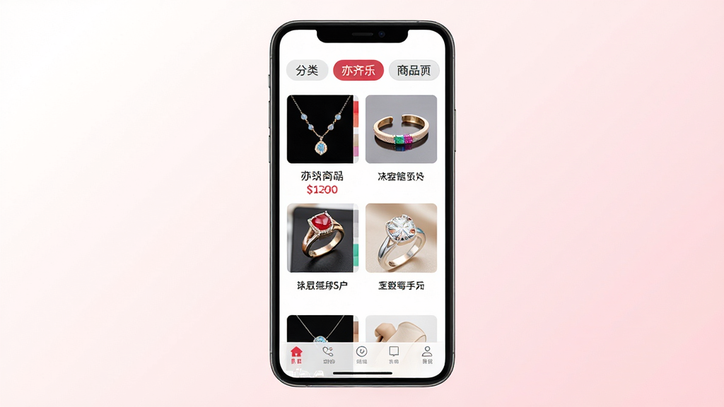 亦齐乐商品分类页面,画面中央展示一部手机屏幕,屏幕内为珠宝首饰分类列表,包含项链、手镯、戒指等商品缩略图与名称,顶部有分类标签栏,底部为导航菜单;布局为纵向列表排版,风格为清新浅色电商风,背景为白色与浅粉渐变;细节要求商品图片清晰、价格文字醒目、分类标签有选中状态高亮;画质为高清UI展示,画面干净,无多余装饰元素。
