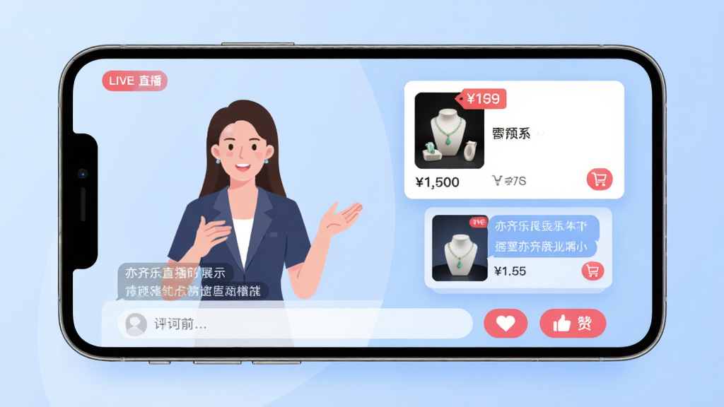 亦齐乐直播间界面展示,画面主体为一部横向放置的智能手机,屏幕内呈现直播画面,左侧为正在讲解珠宝商品的主播窗口,右侧悬浮商品列表卡片,底部为评论输入框与点赞按钮;布局采用左右分栏排版,风格为现代扁平化UI展示风,背景为柔和浅蓝渐变;细节要求商品卡片带有价格标签和购物车图标,评论区域有滚动文字气泡;画质为高清矢量渲染,画面干净整洁,无多余元素。