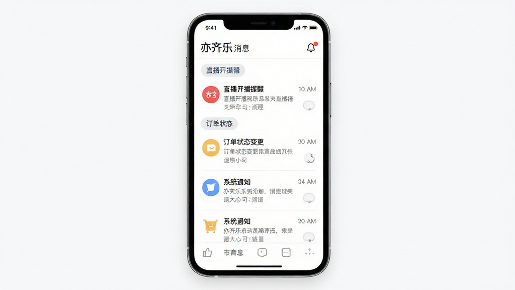 亦齐乐消息通知界面,画面中央为一部手机,屏幕内展示消息列表,包含直播开播提醒、订单状态变更、系统通知等条目,每条消息带有时间戳和图标;布局为纵向列表排版,风格为清爽素雅风,背景为白色;细节要求消息分类标签清晰、未读状态有小红点提示;画质为高清UI展示,画面干净,无多余元素。