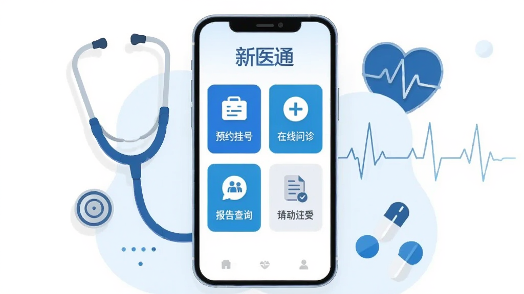 画面中央是一部智能手机,屏幕上显示着“新医通”应用的首页界面,界面包含预约挂号、在线问诊、报告查询等图标模块;手机周围环绕着听诊器、心率监测曲线和药丸等医疗元素,采用扁平化插画风格,蓝色与白色为主色调,背景干净简洁,整体明亮清晰,高画质,无多余元素