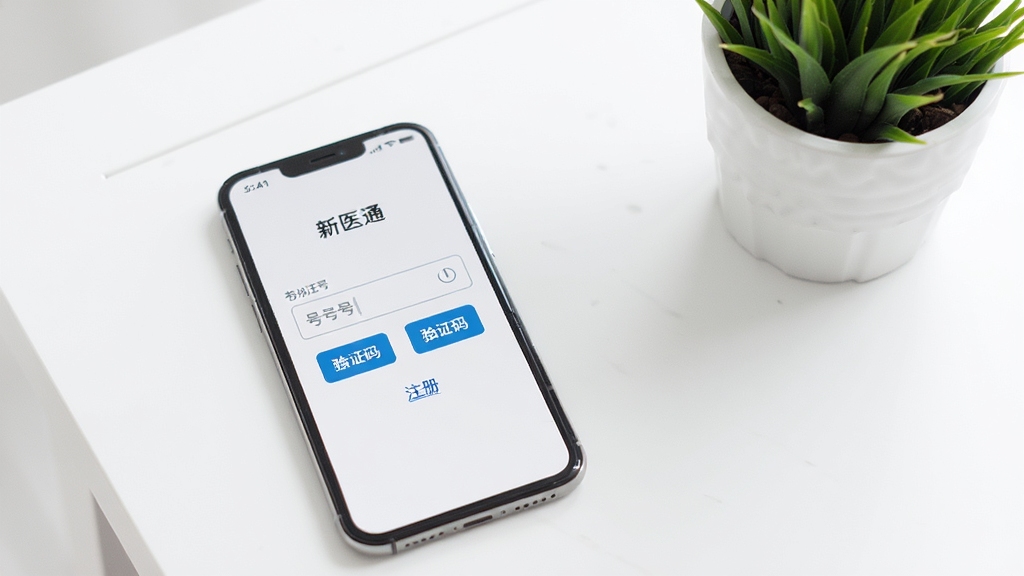 一部手机显示“新医通”登录注册界面,屏幕上有手机号输入框、验证码按钮和注册链接;背景是干净的白色桌面与一盆绿植,风格清新简约,色调明亮,画质清晰,无多余元素
