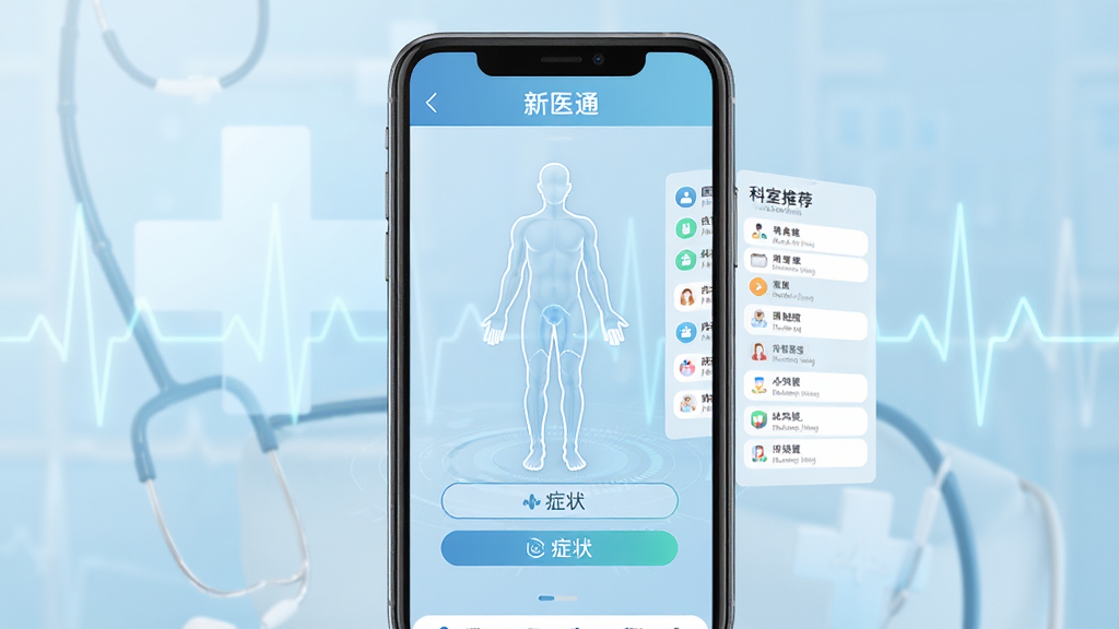 手机屏幕显示“新医通”智能导诊界面,屏幕中央是人体轮廓图与症状选择按钮,旁边有科室推荐列表;背景为柔和的医疗十字与心跳波形,风格科技简约,浅蓝色调,画面干净整洁,高画质,无多余元素