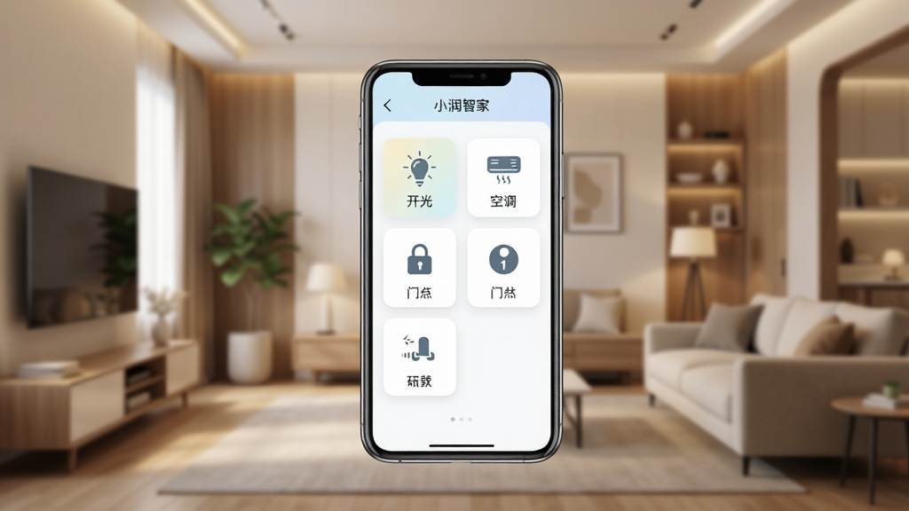 小润智家软件主界面截图,画面中央展示手机屏幕,屏幕内呈现智能家居控制面板,包含灯光、空调、门锁等设备图标,布局整洁,背景为温馨的现代客厅,风格简约科技感,细节清晰,画质高清,干净无多余元素