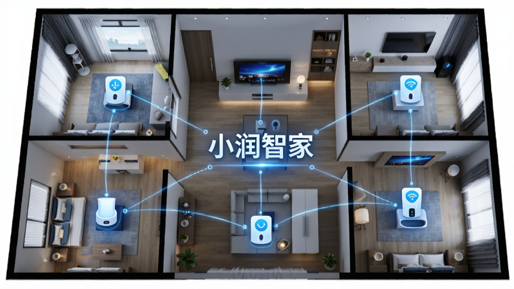 小润智家全屋智能联动场景示意图,画面展示一个现代家庭的俯视图,各个房间内智能设备以图标形式呈现并相互连接,中心位置有“小润智家”文字标识,布局清晰,风格科技感十足,细节丰富,画质高清,干净无多余元素