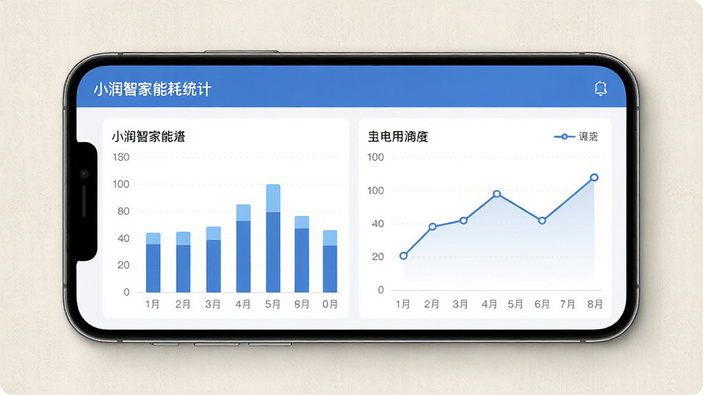 小润智家能耗统计界面图,手机屏幕显示柱状图和折线图,展示用电数据,界面简洁明了,背景为纯色或浅色纹理,风格商务简洁,细节清晰,画质高清,干净无多余元素