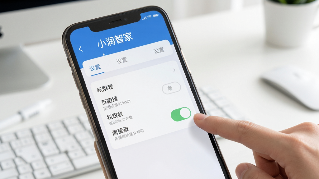 小润智家实用操作技巧示意图,画面展示手机屏幕上的设置菜单和权限开关,旁边有手指点击操作,背景为简洁桌面,风格教程类,细节清晰,画质高清,干净无多余元素