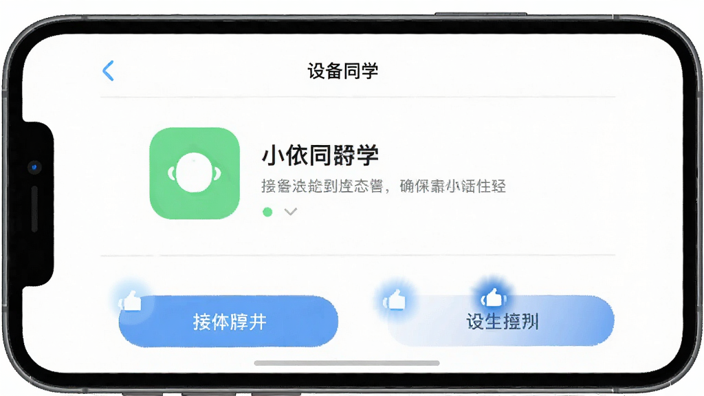 画面为一部手机界面截图风格,展示“小依同学”应用内设备详情页,页面包含大号状态图标、简洁的文字说明和底部操作按钮,布局采用上下结构,风格为扁平化清新设计,细节上按钮有微交互反馈效果,背景为纯白色带浅灰分割线,画质为高清4K,干净无多余元素