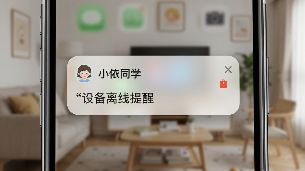 画面展示一部手机屏幕特写,屏幕上弹出“小依同学”状态提醒通知卡片,卡片内文字为“设备离线提醒”,手机背景为虚化的家居环境,布局采用中心聚焦构图,风格为写实生活风,细节上通知卡片有圆角与柔和阴影,手机边缘有高光反射,画质为高清4K,干净无多余元素