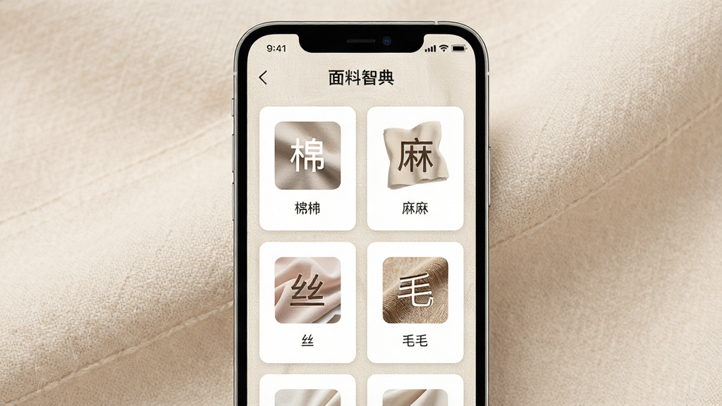 一张手机屏幕展示面料智典应用主界面,画面中央是整洁的卡片式布局,包含棉、麻、丝、毛等面料分类图标,背景为浅米色纺织纹理,主体清晰,布局居中,排版简洁,风格为扁平化UI设计,细节包含面料缩略图与文字标签,画质高清,干净,无多余元素