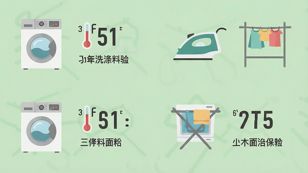 一张展示洗涤保养说明的界面,画面中有洗衣机、熨斗、晾衣架等图标,旁边配有温度数字和简短文字说明,背景为柔和的浅绿色,主体为图标与文字组合,布局为网格排列,排版清晰,风格为简洁扁平化,细节包含面料名称标签,画质高清,干净,无多余元素