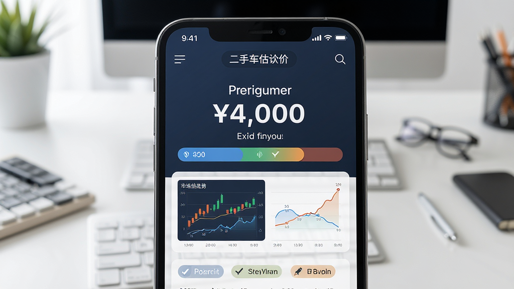 主体是手机屏幕显示二手车估价区间界面,布局为价格数字居中与市场走势小图,背景为简洁办公桌面,排版突出估价结果,风格为商务数据风,细节包括价格区间条、行情曲线、参考标签,画质高清干净无多余元素