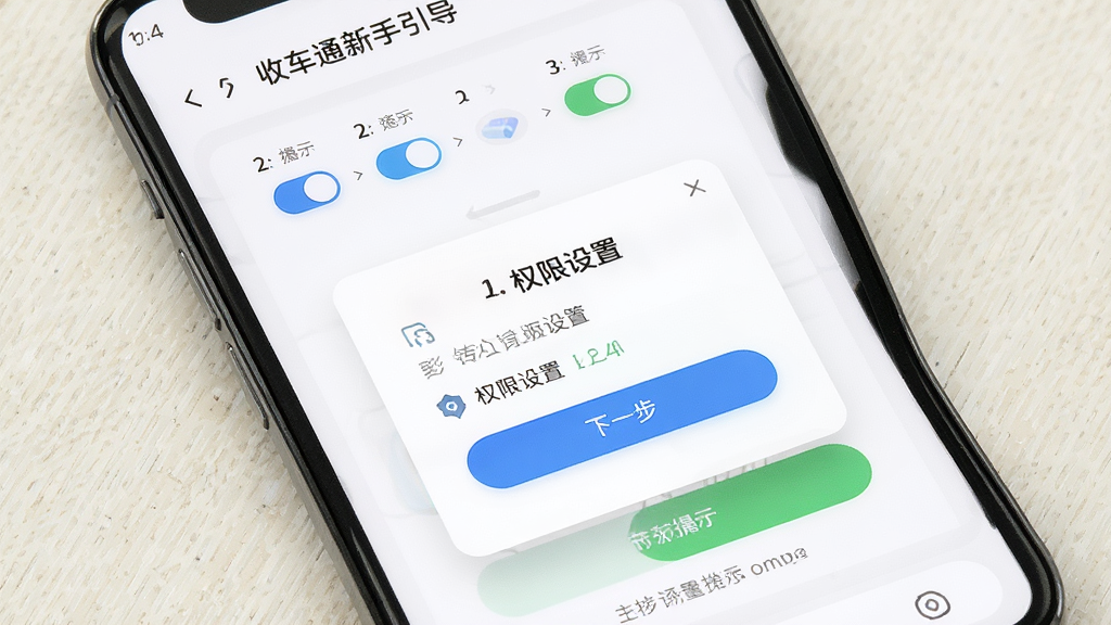 主体是手机屏幕展示收车通新手引导界面,布局为步骤指示与权限设置弹窗,背景为简洁浅色底纹,排版突出操作步骤序号,风格为清新教程风,细节包括权限开关图标、下一步按钮、提示文字,画质高清干净无多余元素