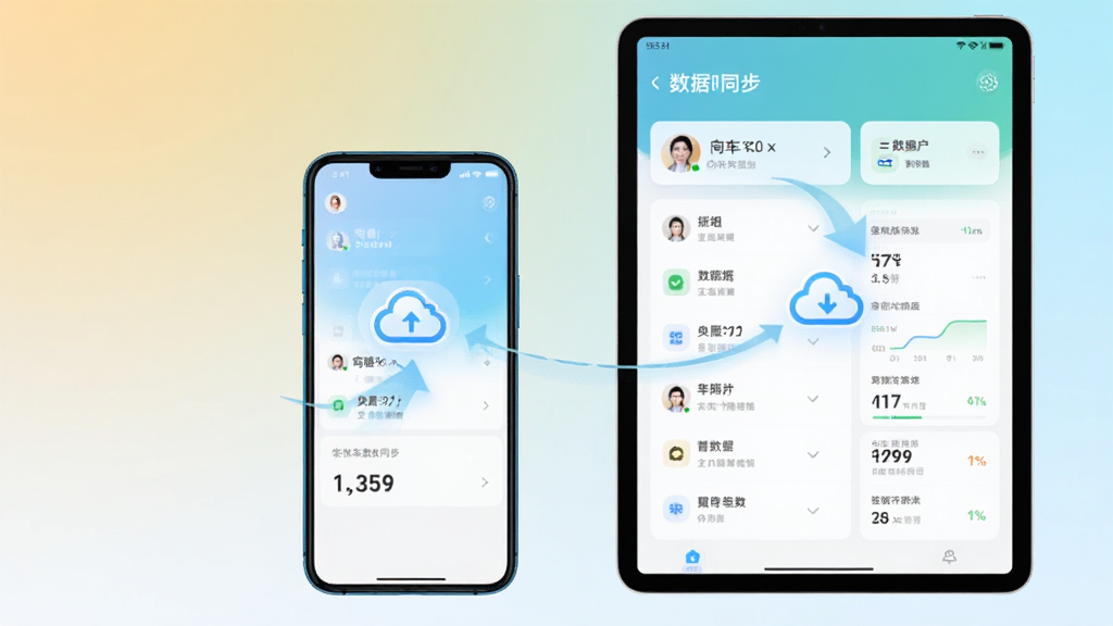 主体是手机与平板电脑同时展示收车通数据同步界面,布局为双设备并排展示,背景为简洁渐变底色,排版突出同步图标与数据列表,风格为现代简约风,细节包括云端同步箭头、账号头像、数据卡片,画质高清干净无多余元素