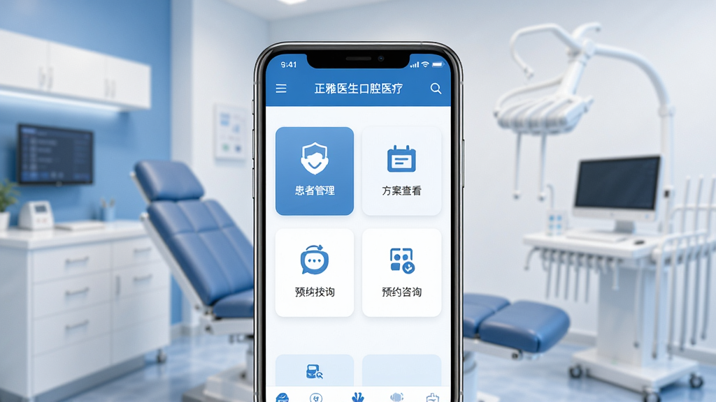 正雅医生应用主界面展示,画面中央为手机屏幕,屏幕内呈现正雅医生口腔医疗服务平台首页,包含患者管理、方案查看、预约咨询等功能模块图标,背景为简约诊室环境,蓝白配色,布局清晰,排版整齐,扁平化设计风格,细节精致,画质高清,干净无多余元素