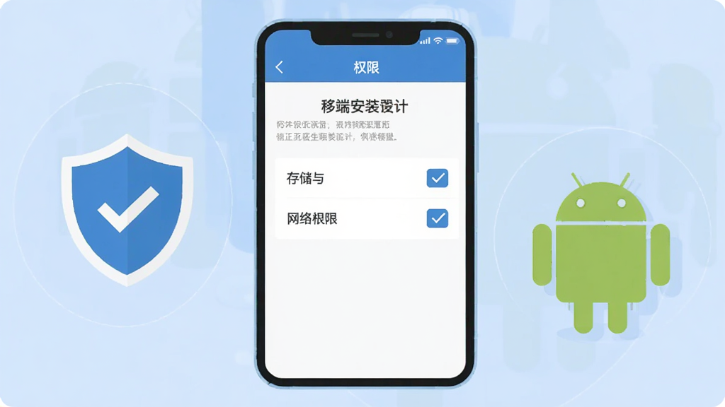 正雅医生移动端安装设置示意图,画面展示手机屏幕显示权限设置页面,勾选存储与网络权限选项,旁边有盾牌安全图标与安卓机器人标识,布局上下结构,风格扁平化,色彩以蓝色和白色为主,细节清晰,画质高清,干净无多余元素