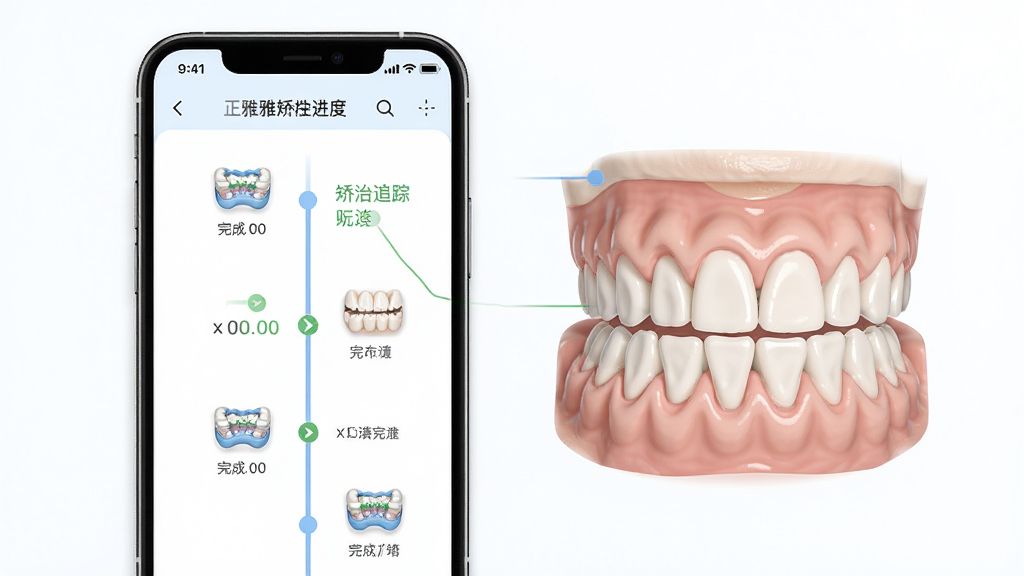 正雅医生矫治进度追踪功能展示,画面中心为手机屏幕显示进度时间轴,时间轴上标注不同阶段矫治器图标与完成状态,旁边有牙齿渐变矫正示意图,布局纵向排列,风格清新明快,色彩柔和,细节丰富,画质高清,干净无多余元素