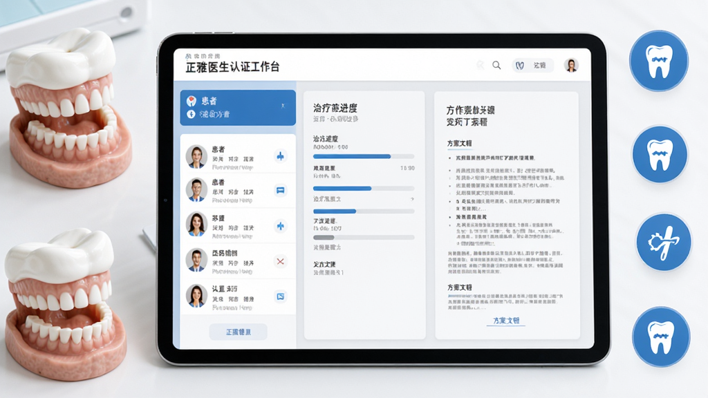 正雅医生认证医师工作台界面,画面主体为平板设备显示医生工作台页面,页面上有患者列表、治疗进度条、方案文档等元素,周围点缀牙齿模型与医疗图标,布局采用左右分栏结构,风格简洁专业,色调以蓝白灰为主,细节清晰,画质高清,干净无多余元素
